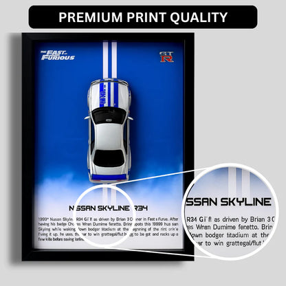 Fast & Furious Nissan Skyline R34 GT-R Diecast Car Frame 1:32 – 3D Wall Art for Collectors & Movie Fans