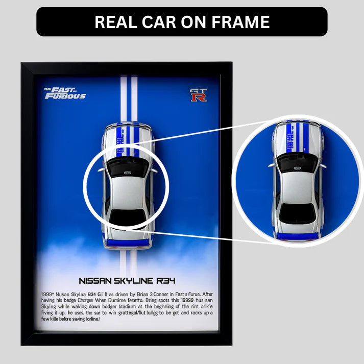 Fast & Furious Nissan Skyline R34 GT-R Diecast Car Frame 1:32 – 3D Wall Art for Collectors & Movie Fans