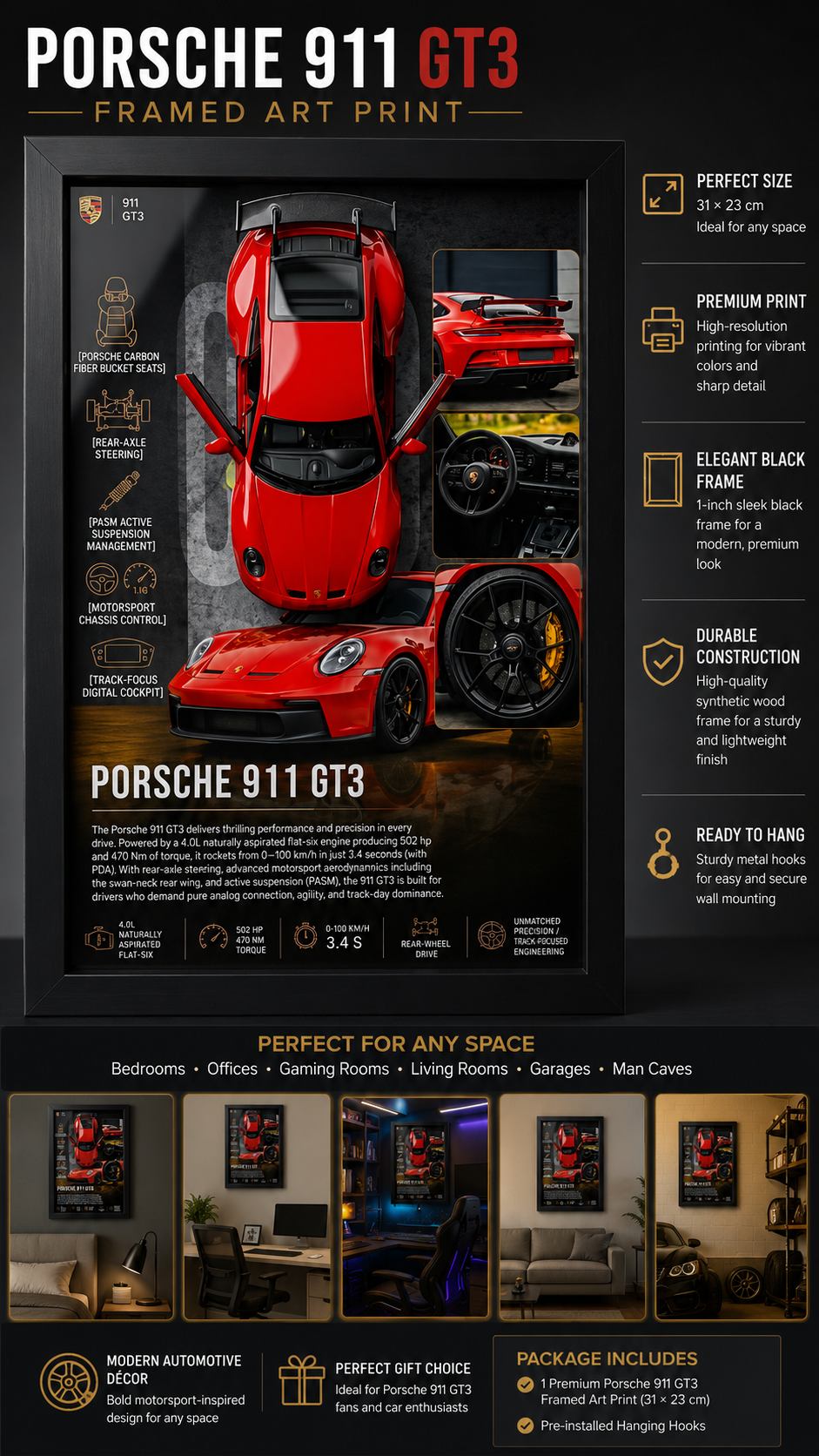 Premium Porsche 911 GT3 Frame Art - A4 (31x23)