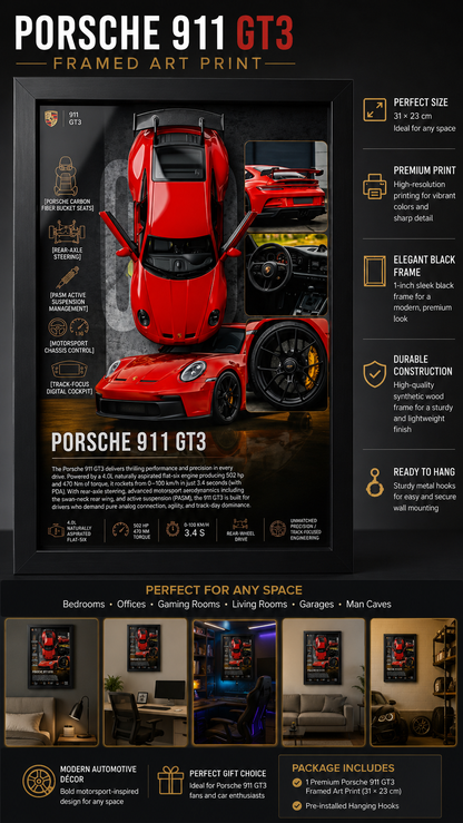 Premium Porsche 911 GT3 Frame Art - A4 (31x23)